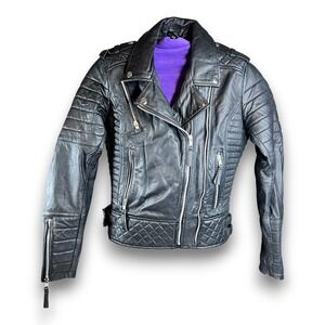 Black Leather Moto Biker Motorcycle Jacket Quilted Panels Asym Zip Women's XS